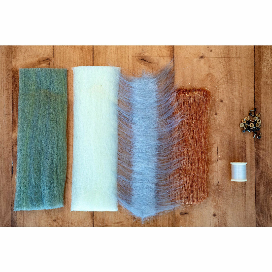 EP Half &amp; Half DIY Kit fly tying materials including grey craft fur, copper sparkle fibers, and plastic eyes