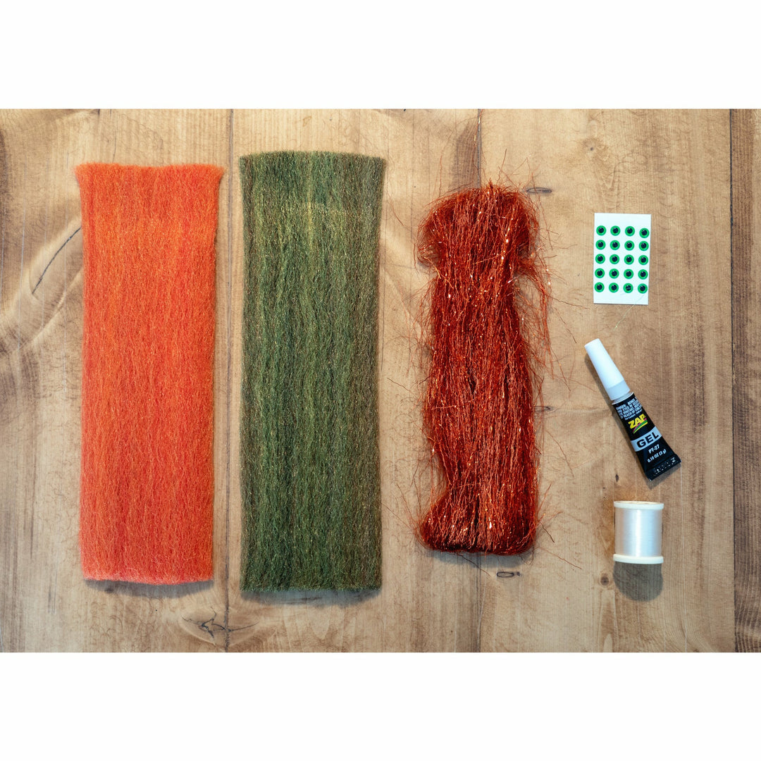 EP Minnow DIY Fly Tying Kit materials: orange and olive fibers, copper flash, 3D eyes, ZAP glue, and thread