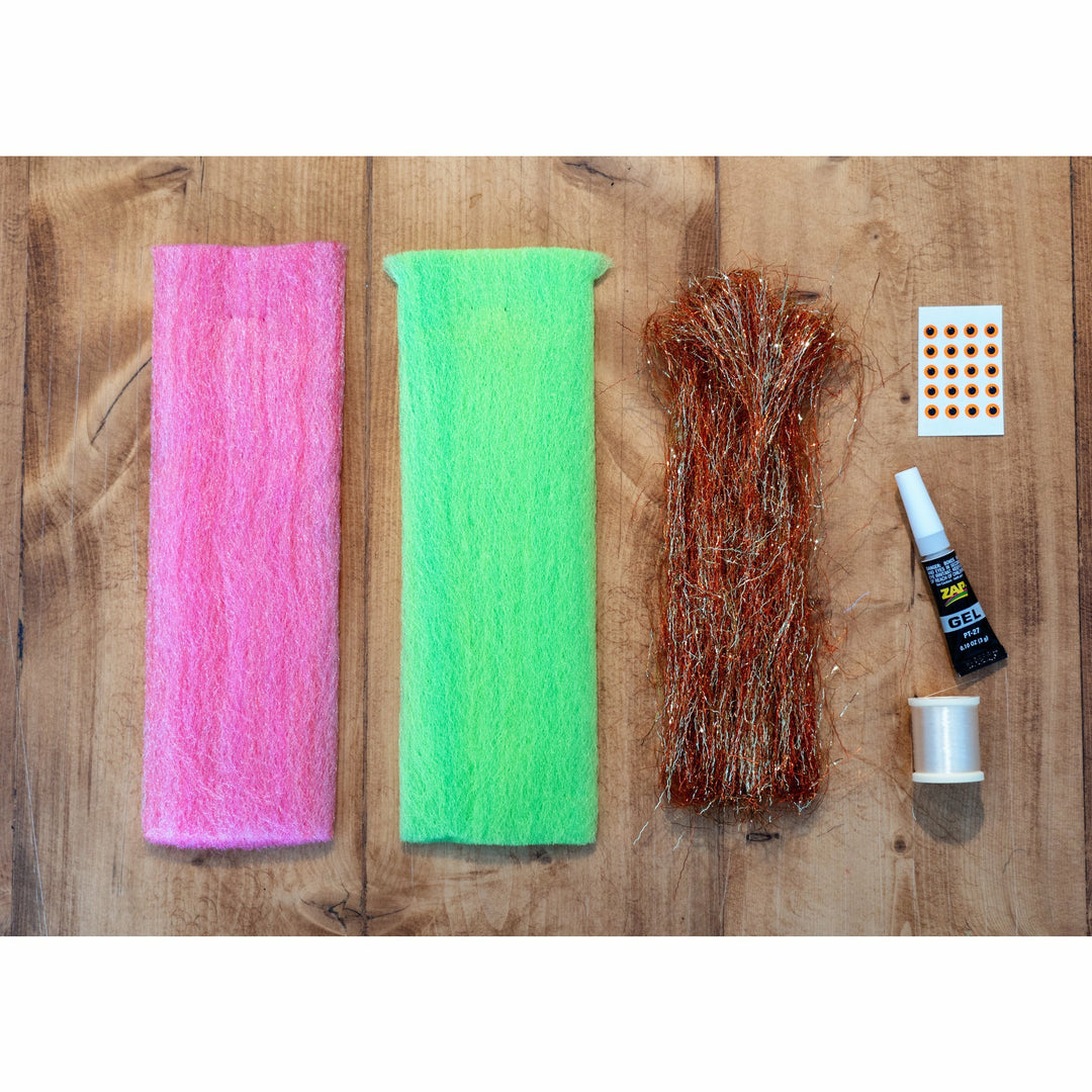 EP Minnow DIY Fly Tying Kit with Calamari and Chartreuse fibers, flash, eyes, glue, and thread