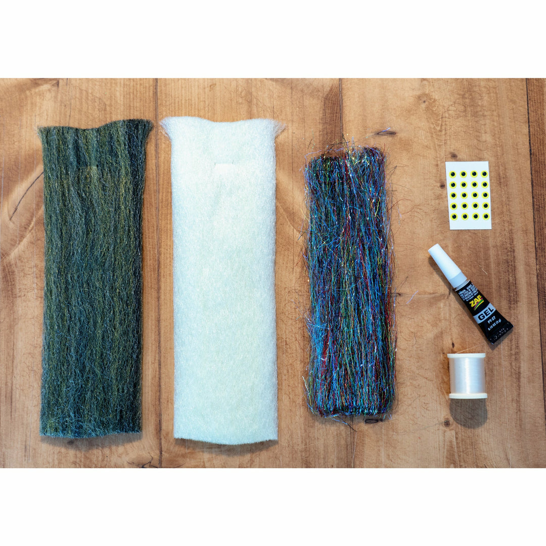 EP Minnow DIY fly tying kit materials including mullet fibers, flashabou, yellow eyes, and thread