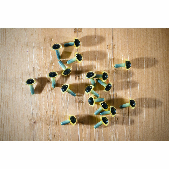 Teal speckled stem EP plastic fly eyes with yellow rims