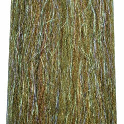 Olive green and brown fly tying fibers with teal sparkle strands