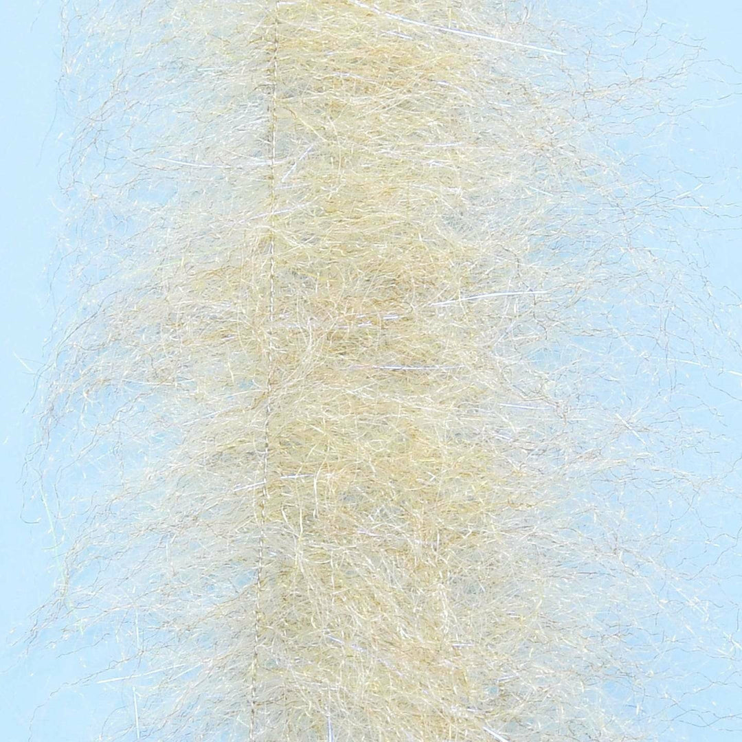 Pale yellow EP Shrimp Dub brush with visible silver wire and curly fibers