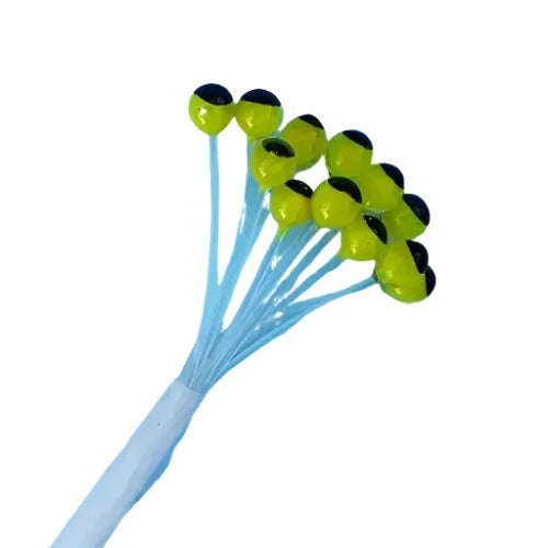 High-visibility chartreuse fly tying eyes with black pupils and blue stems