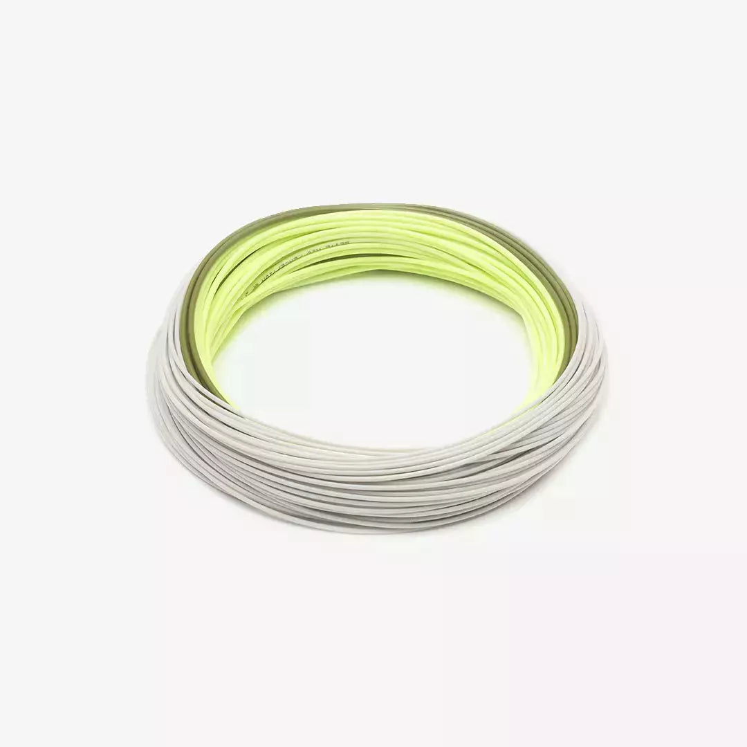 Coiled Elite Rio Perception fly line showing gray and neon green colors