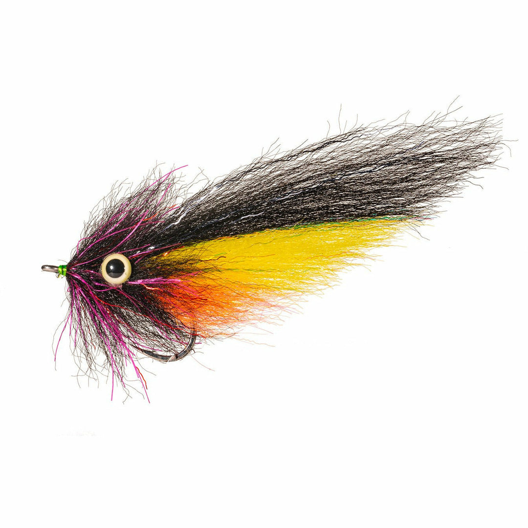 Black, orange and yellow custom fishing fly with 3D eye and marabou tail