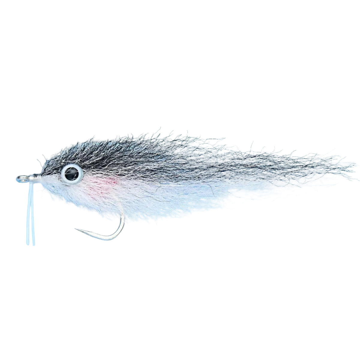 Close-up of Enrico Puglisi Mullet fly hook and fiber tail detail