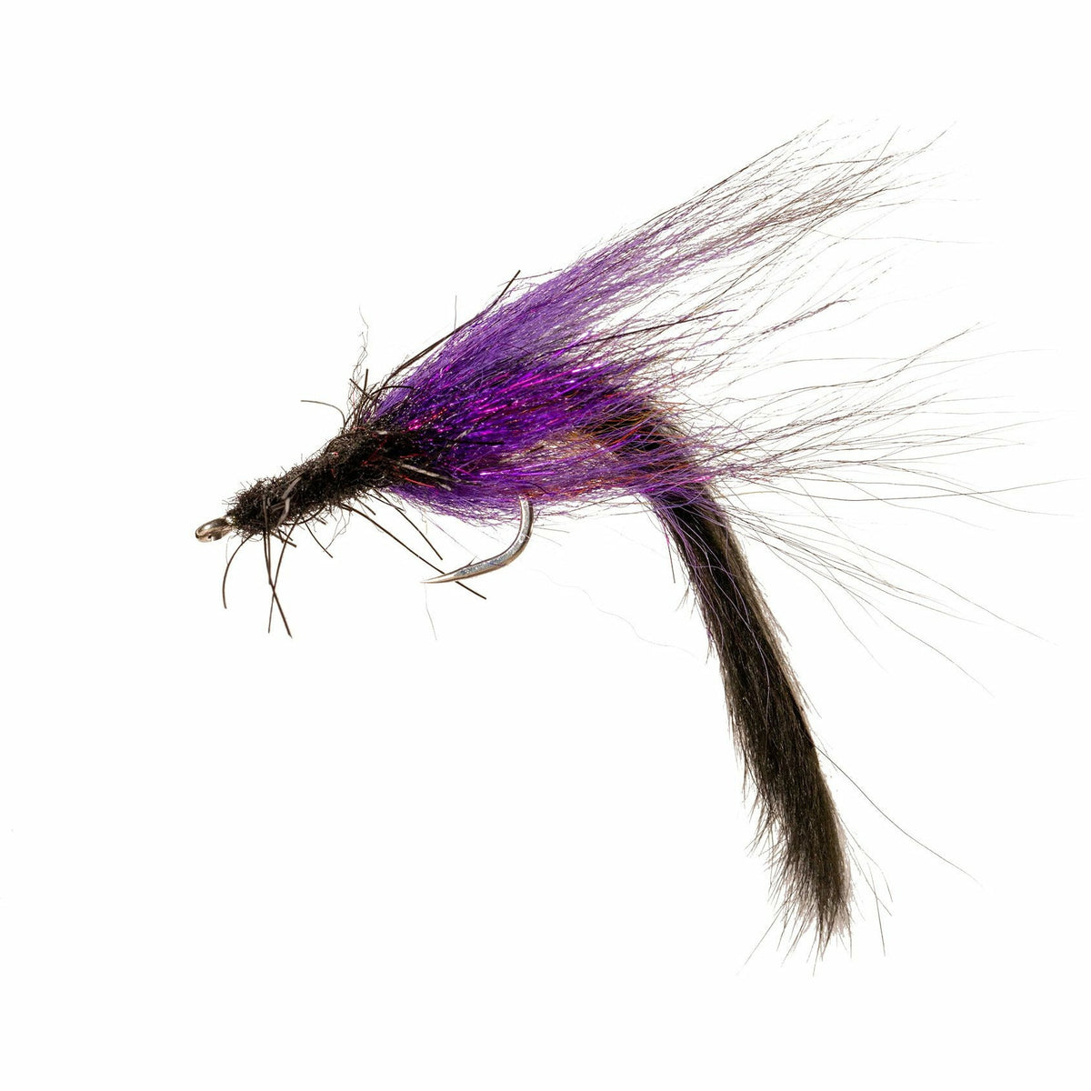 Black and purple hand-tied tarpon streamer fly with iridescent ribbing