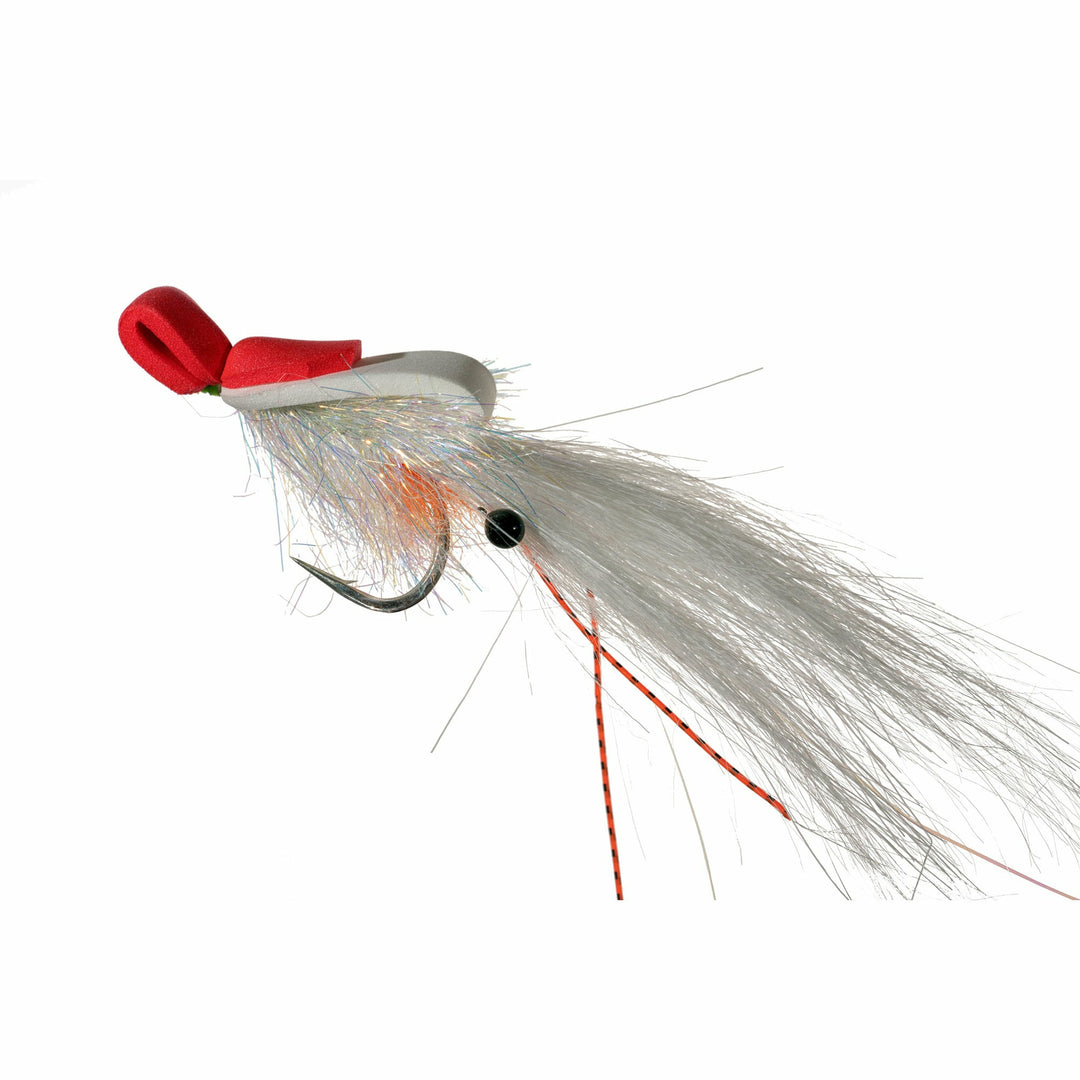 Red and white Enrico Puglisi top water shrimp fishing fly with silver hook