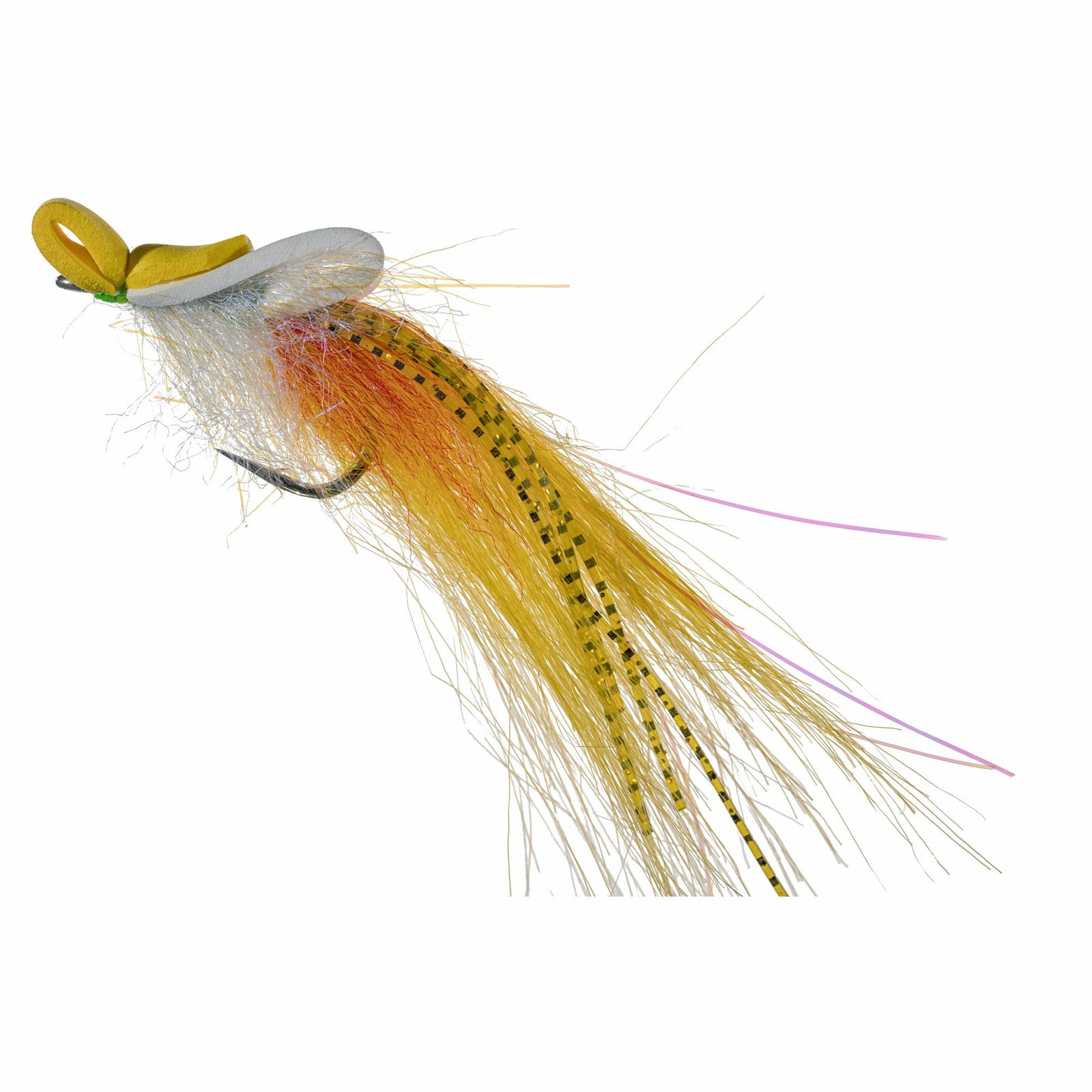 Enrico Puglisi Top Water fly with yellow foam head, white body, and orange-yellow tail on Gamakatsu hook