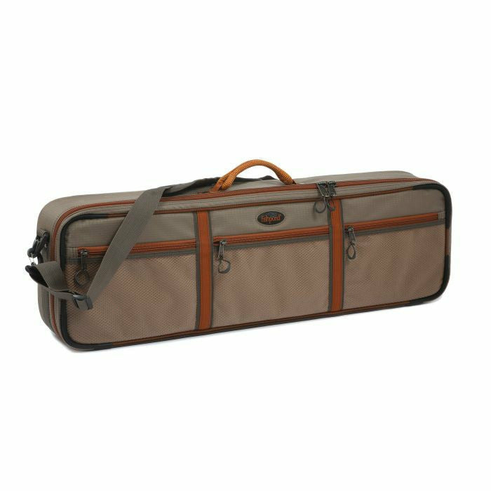 Tan Fishpond Dakota carry-on rod case exterior with mesh pockets and orange accents