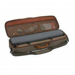 Fishpond Dakota rod case open showing grey tube storage and lid mesh pocket