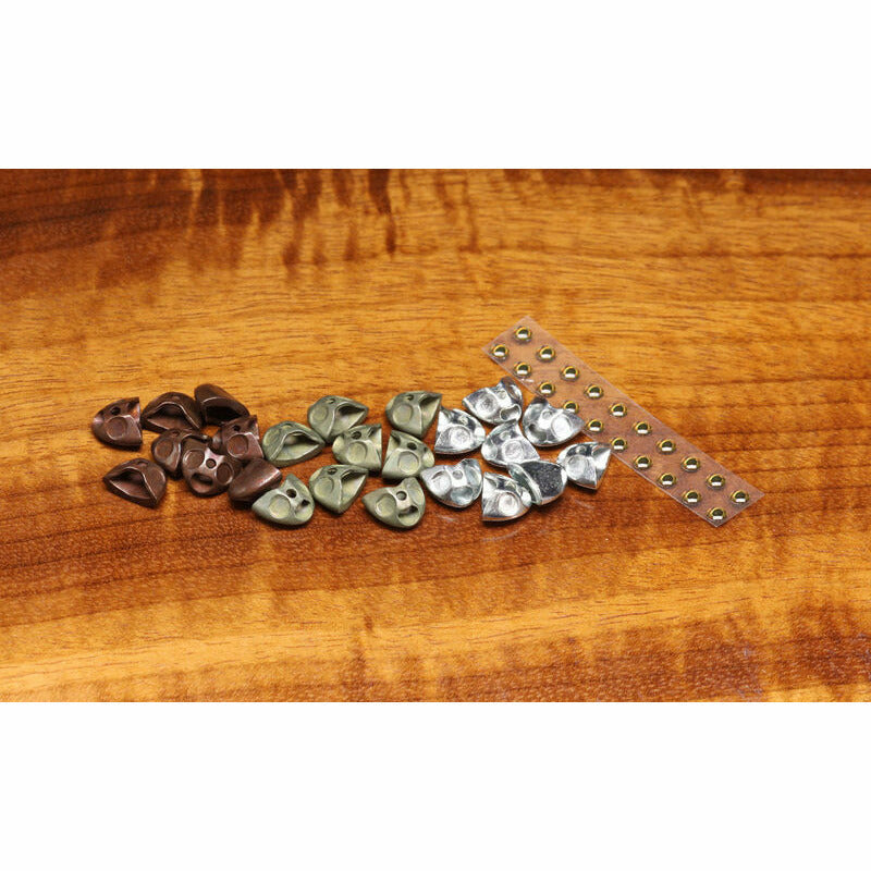 Fish Skull Sculpin Helmet weights in bronze, olive, and silver with lead eyes for deep fly tying