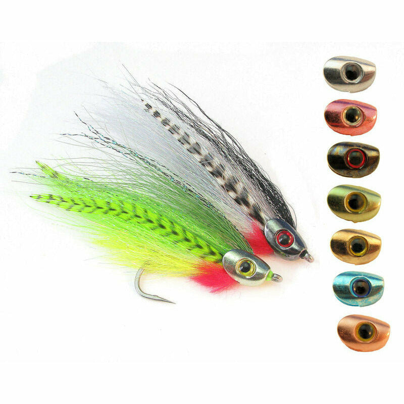 Hareline Dubbin Fish Skull weighted fly tying heads with 3D eyes in silver, copper, and gold finishes