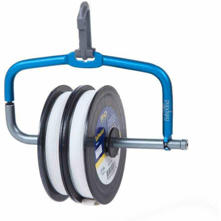 Blue Fishpond Headgate XL tippet dispenser showing vertical logo and axle detail
