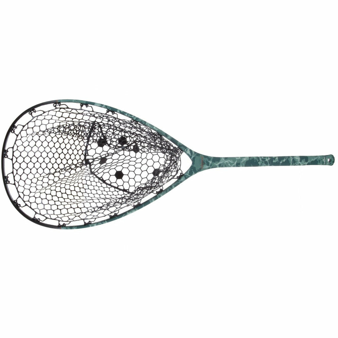 Fishpond Nomad mid-length boat net with Salty Camo handle and black hex mesh basket