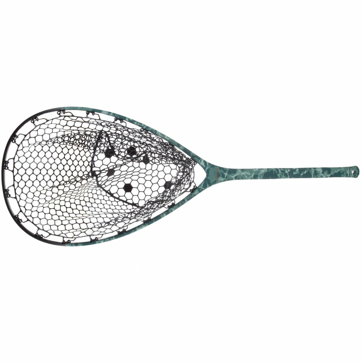 Fishpond Nomad mid-length boat net with Salty Camo handle and black hex mesh basket