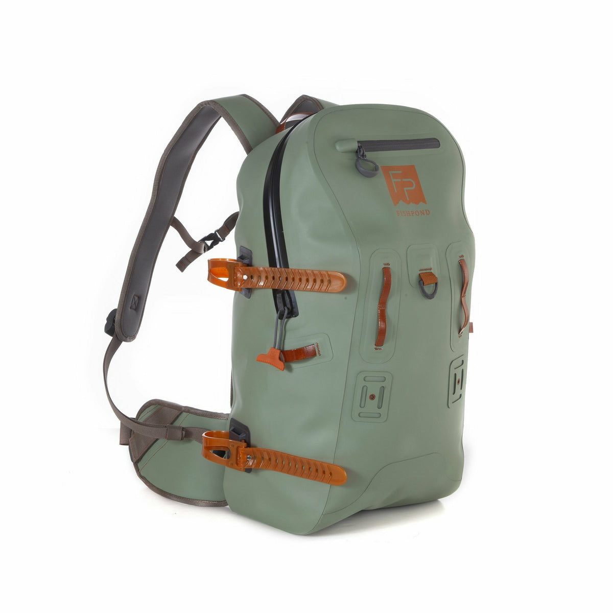 Sage green Fishpond Thunderhead submersible bag with orange TIZIP zipper