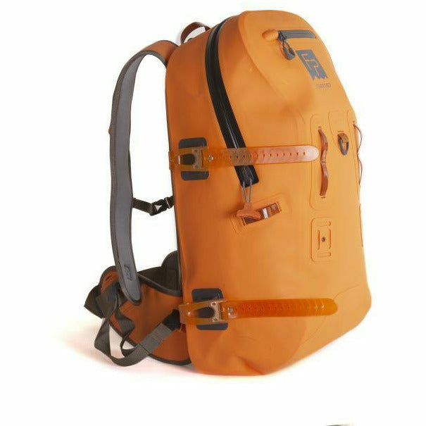 Orange Fishpond Thunderhead submersible backpack with black zipper and grey harness
