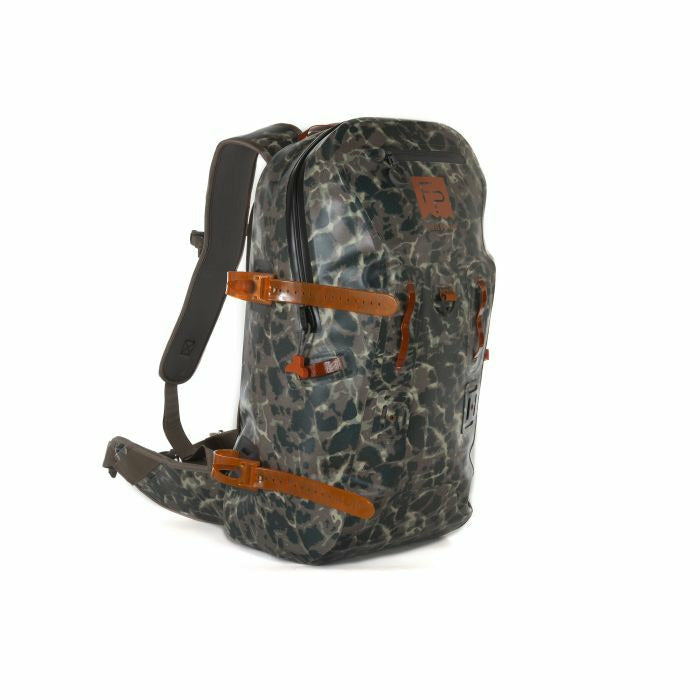Stone camo Fishpond Thunderhead waterproof backpack with brown leather straps
