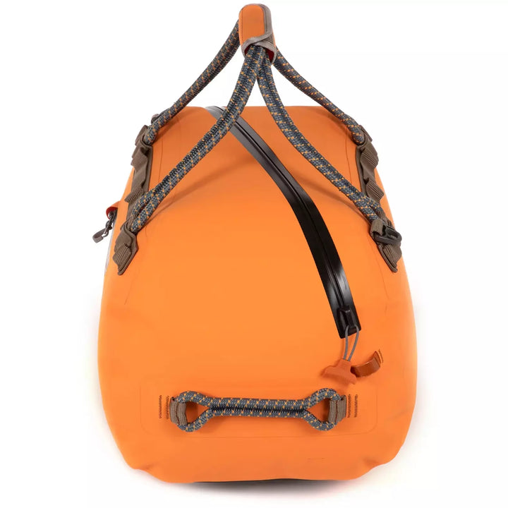 Top-down view of orange Fishpond Thunderhead duffel with diagonal main zipper and paracord grips