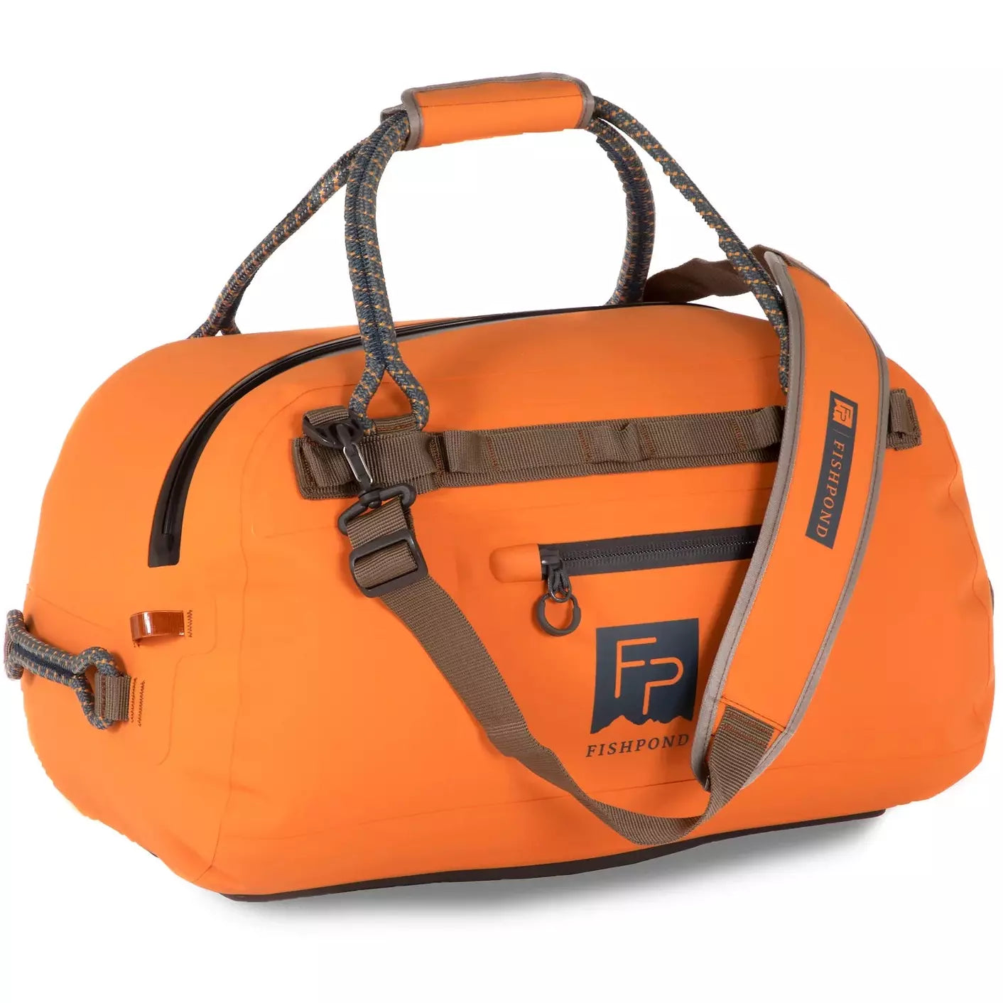 Fishpond Thunderhead duffel front showing FP logo patch, paracord handles, and shoulder strap