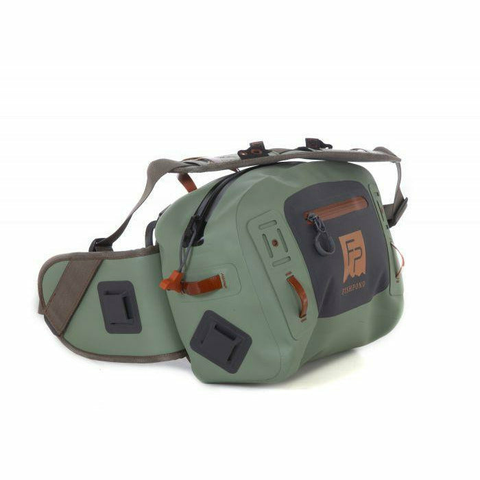 Sage green Fishpond Thunderhead lumbar bag rear view showing padded waist belt