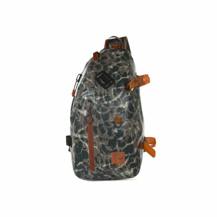 Rear view of dark riverbed camo Fishpond Thunderhead Submersible Sling with compression straps