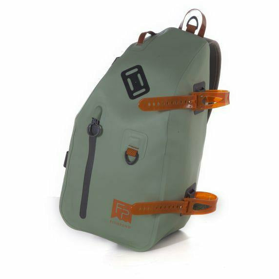 Sage green Fishpond Thunderhead Submersible Sling bag with amber-orange side straps