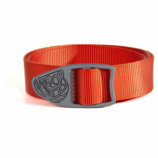 Coral nylon webbing belt with gray plastic buckle featuring embossed fish head design