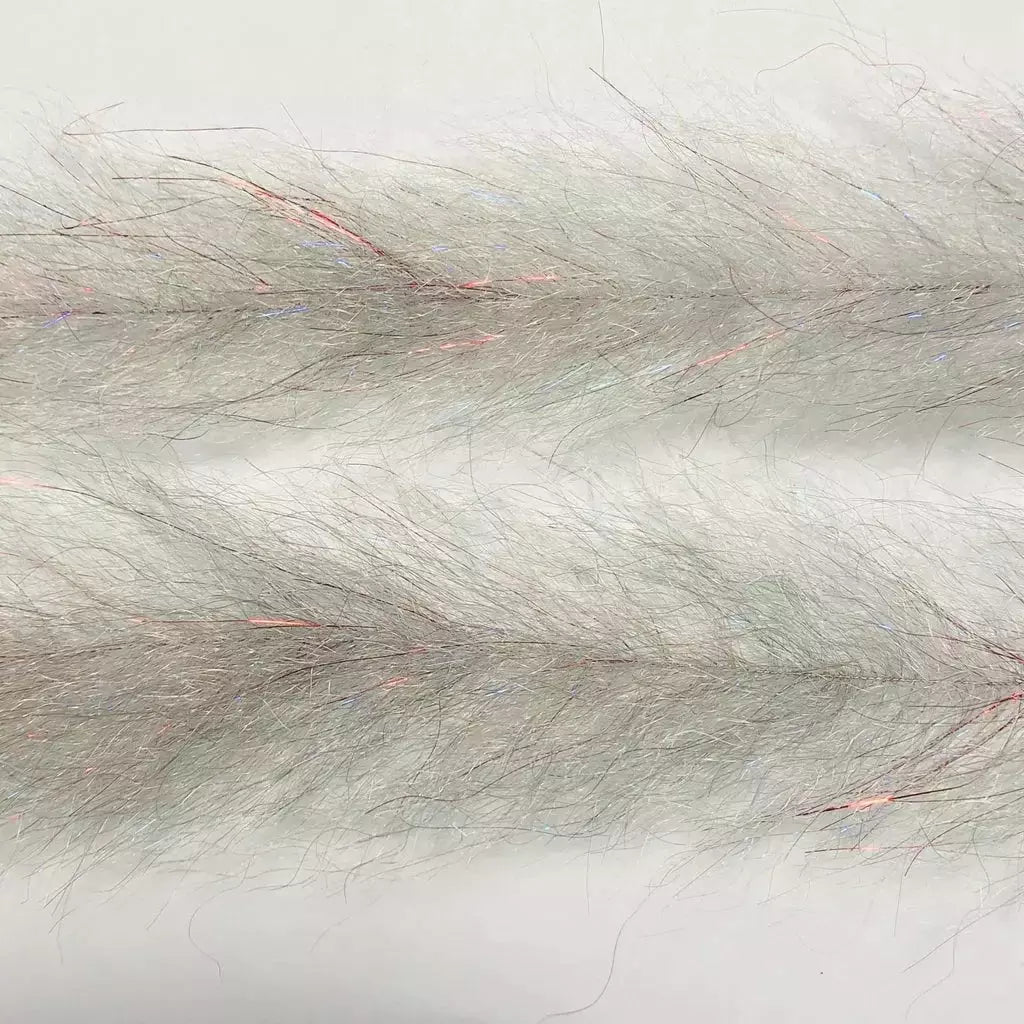 Close-up of Bleeding Grey Flash Blend Baitfish Brush with synthetic fibers and iridescent blue threads