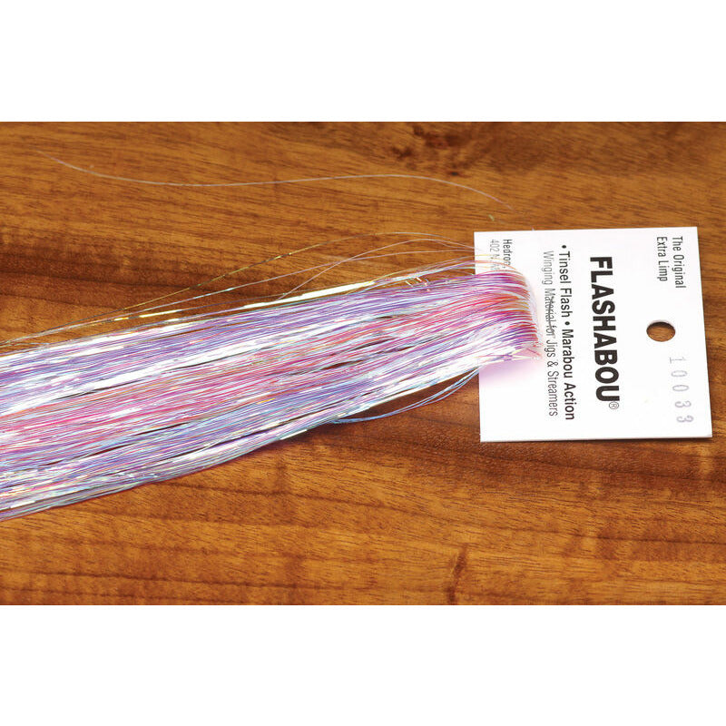 Opal Mirage Flashabou Micro fly tying material with iridescent pink, purple, and silver flash on white tag