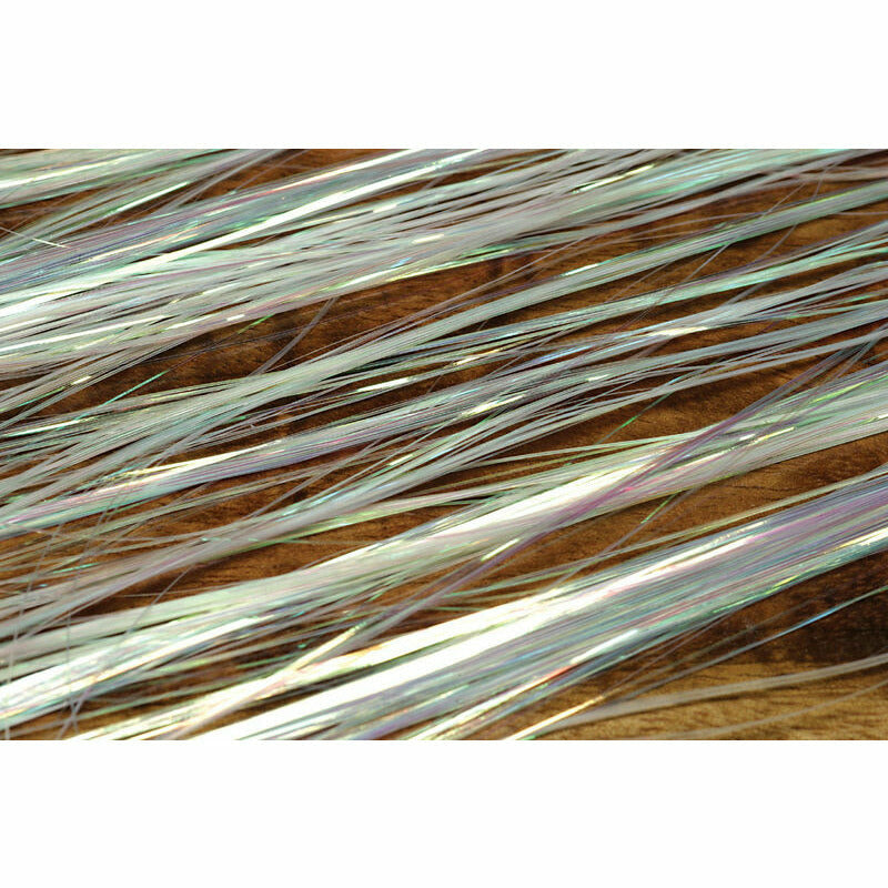 Pearl white Flashabou Micro fly tying material with iridescent silver and pink flash fibers