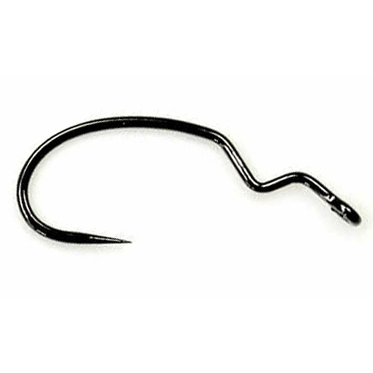 Close-up of single black Gamakatsu Crippled Emerger hook with crimped shank and open eye