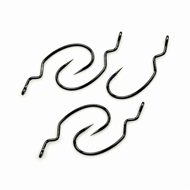 Three Gamakatsu Crippled Emerger fly tying hooks with wavy shanks on white background