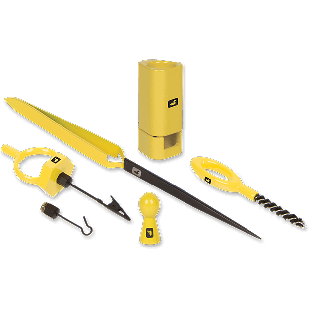Loon Outdoors fly tying tools set including tweezers, spinner, and hair stacker on white