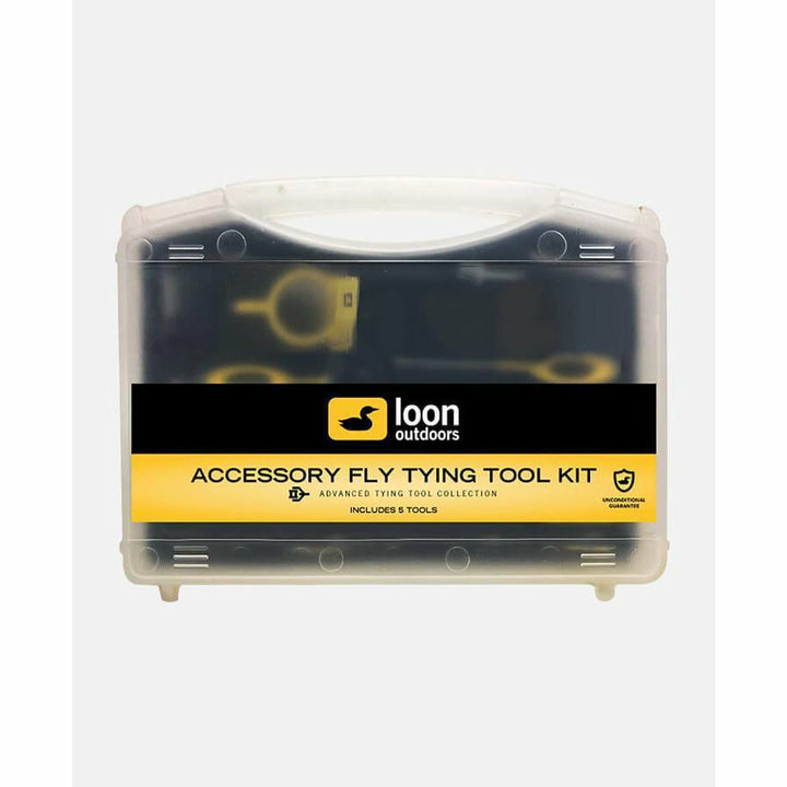 Loon Accessory Fly Tying Tool Kit in translucent hard case with black and yellow label
