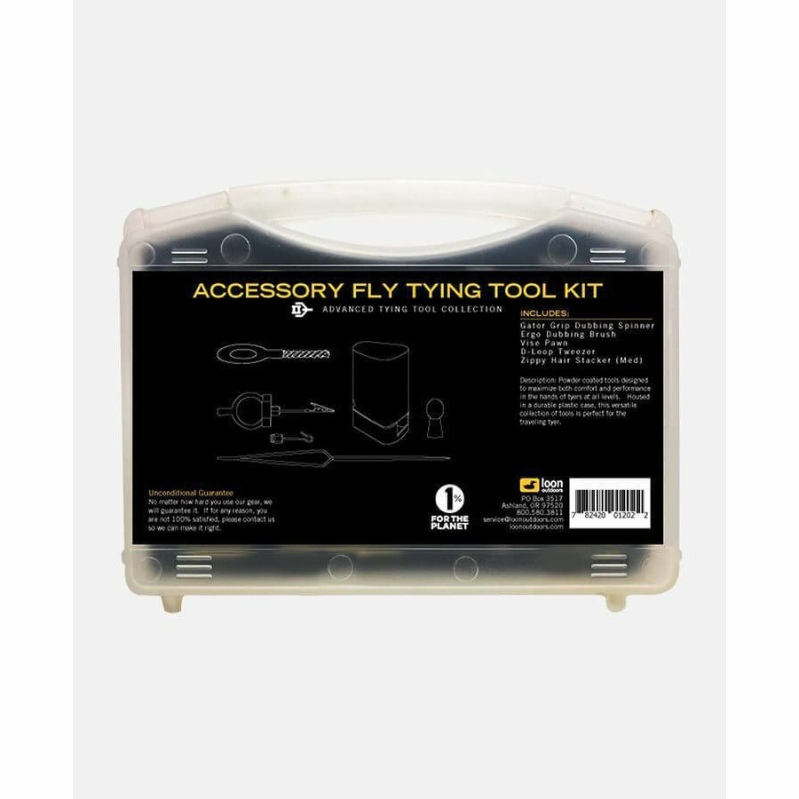 Back of Loon fly tying tool kit case showing included Gator Grip, tweezers, and brush