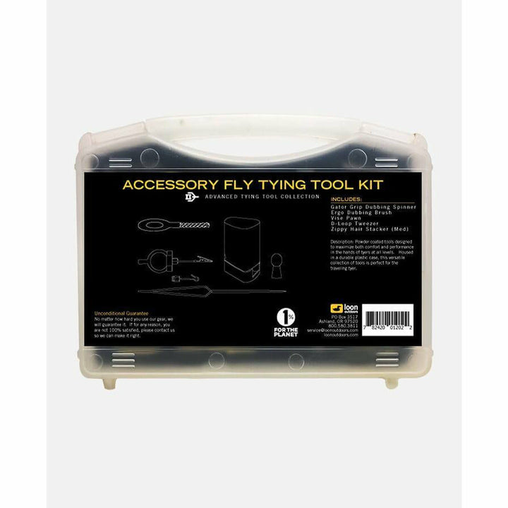 Back of Loon fly tying tool kit case showing included Gator Grip, tweezers, and brush