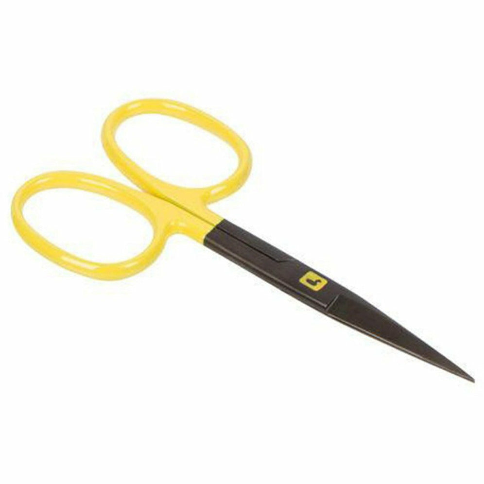 Loon Outdoors Ergo Hair Scissors with yellow ergonomic grip and black powder-coated blades for fly tying