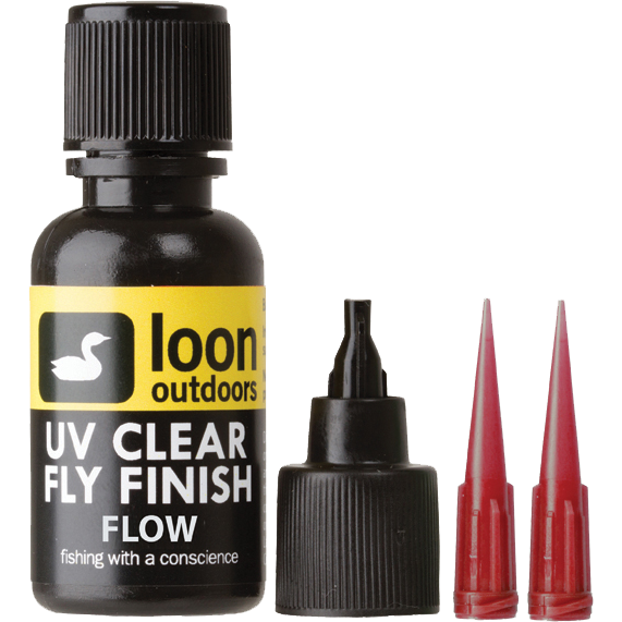 Loon Outdoors UV Clear Fly Finish Flow bottle with brush applicator and nozzle tips