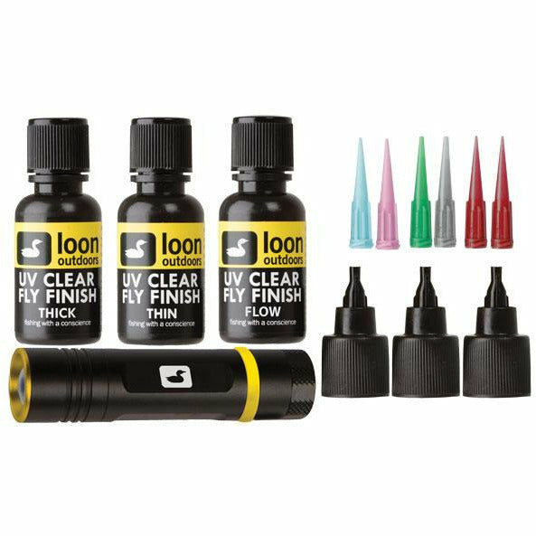 Loon Outdoors UV Fly Tying Kit with Thick, Thin, and Flow finishes plus UV bench light