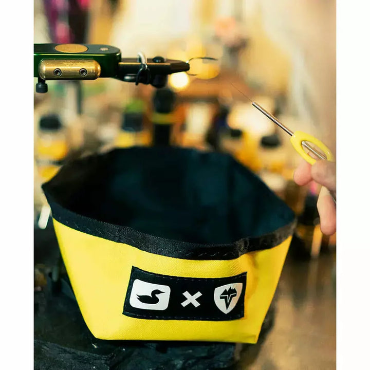 Yellow Loon x Vedavoo Basin used on fly tying bench with vise and tools