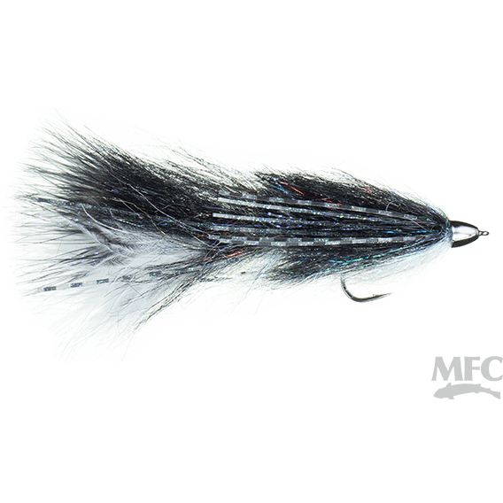 MFC articulated streamer fly with silver head, dark grey body, and blue purple sparkle