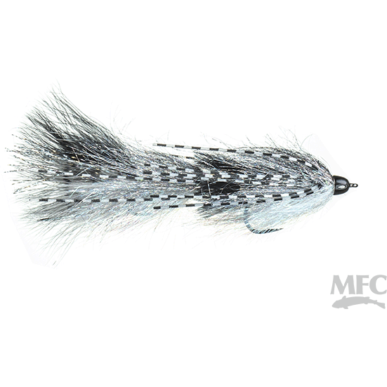 MFC articulated fishing fly featuring light blue grey fibers and black white checkered pattern