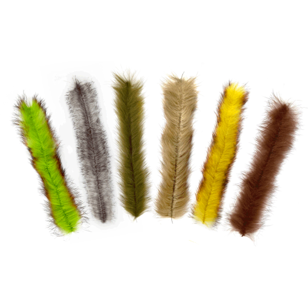 Assorted colors of MFC Bunny Brush fly tying materials including lime, grey, and tan