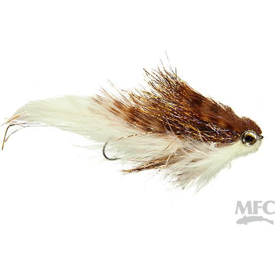 Chestnut brown hackle streamer fly with white tail and gold metallic tinsel