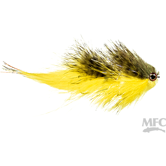 Chartreuse yellow and dark brown streamer fly with red-rimmed eye