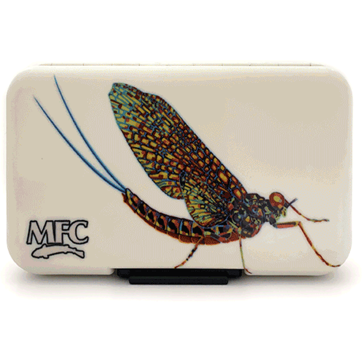 MFC Poly Fly Box displaying colorful mayfly design