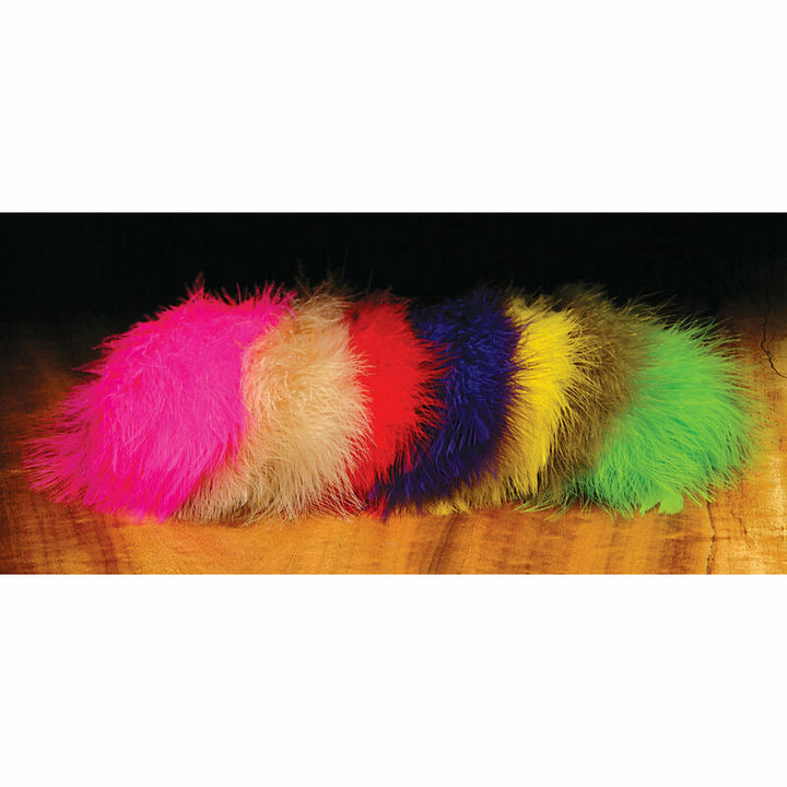 Assorted color marabou fly tying materials display
